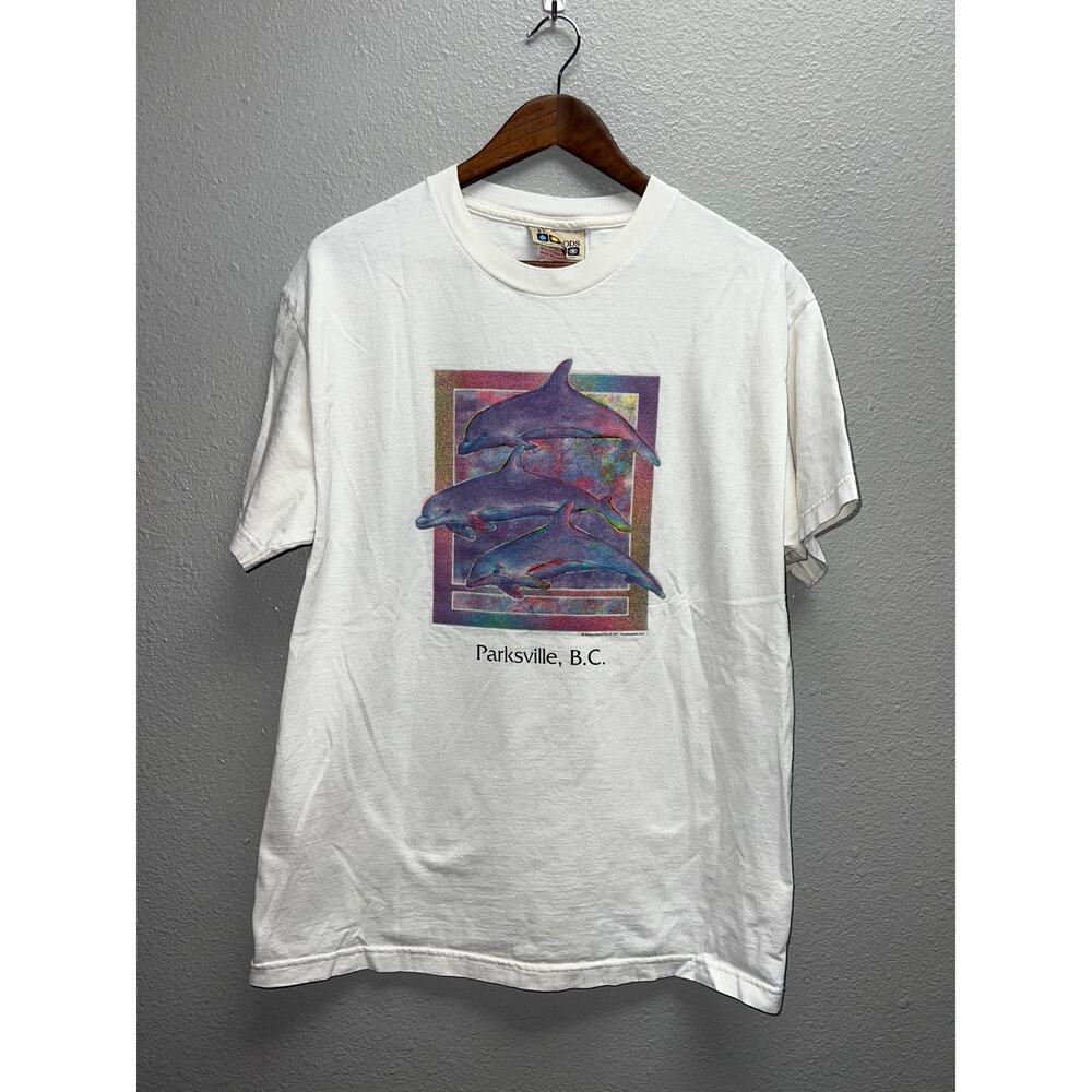 Vintage Dolphin Shirt Parksville British Columbia Canada Art The Woods 90s VTG L